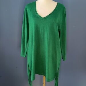 The Limited ladies large, V-neck tunic sweater, side slits fringe, emerald green